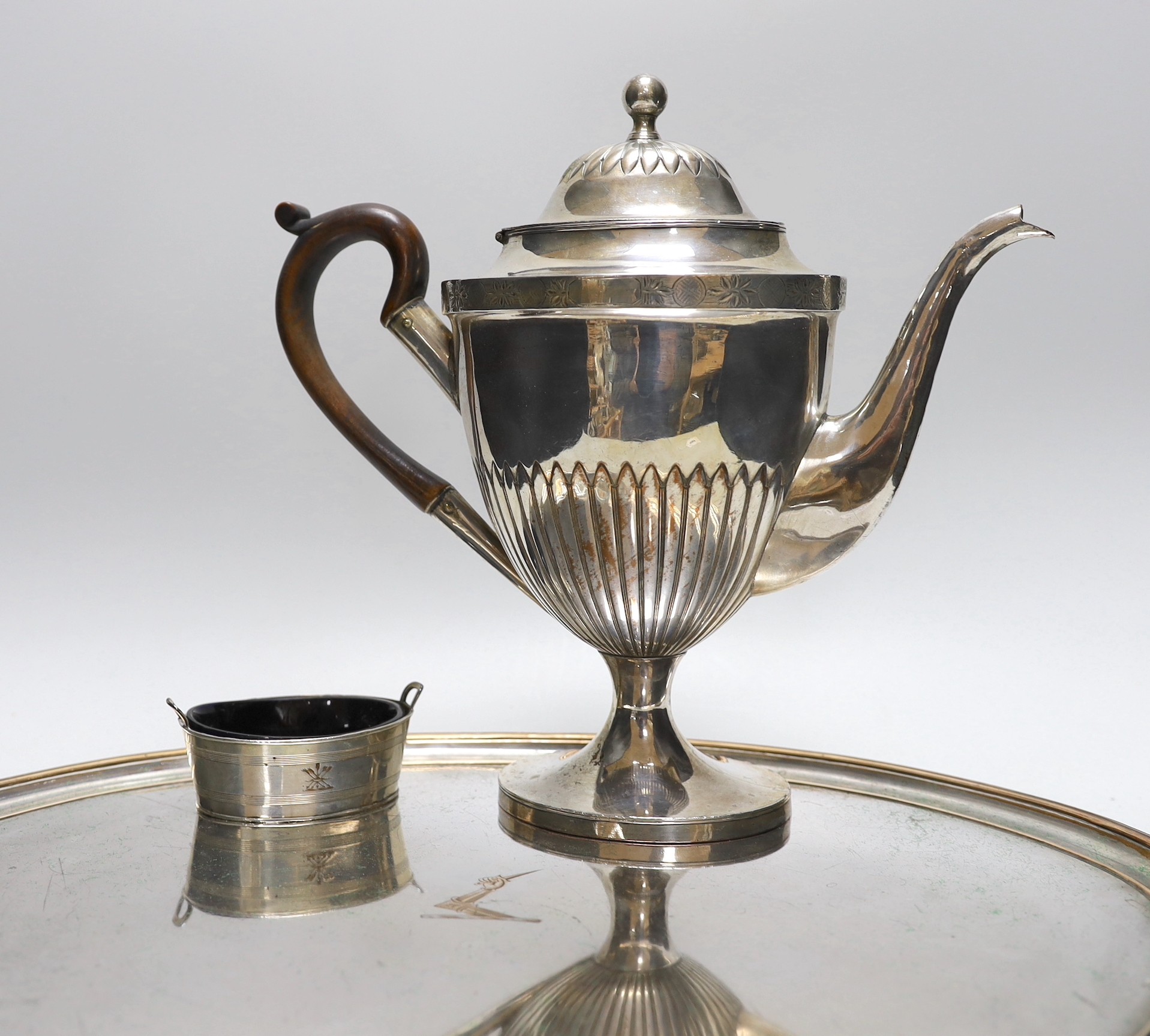 An Old Sheffield Plate coffee pot, an oval tray, 45cms wide and oval salt